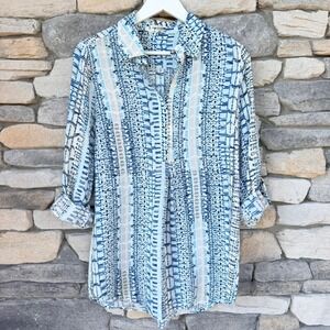 Tyler Böe 100% Silk Crepe de Chine Geometric Tunic Blouse Blue S Quiet Luxury